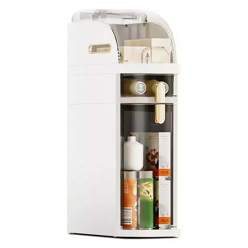Modern Plastic Narrow Gap Storage Cabinet, Waterproof Skinny Bathroom Storage Organizer With Drawers, Cream White With Transparent Black Accents