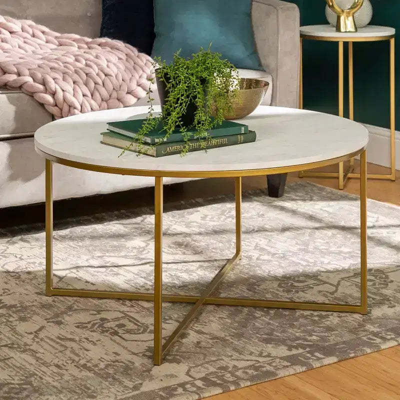 Okak Round/Rectangle Coffee Table with X-shaped Metal Base and Faux Marble Top Mid-Century Modern for Living Room