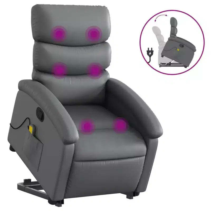 vidaXL Stand-Up Gray Faux Leather Power Lift Massage Recliner with Manual Recline - Comfortable Senior Seating for Living Room