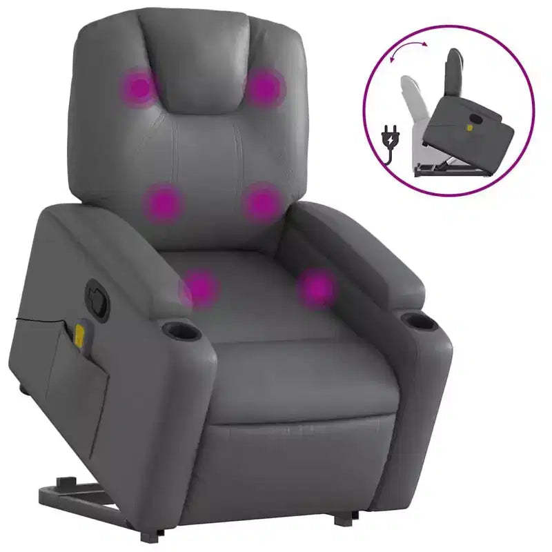 vidaXL Power Lift Massage Recliner Chair - Manual Reclining, Vibrating Massage, Cup Holders, Faux Leather, Electric Stand-Up Aid, Gray