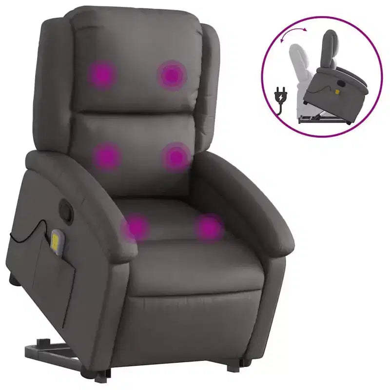 vidaXL Gray Real Leather Power Lift Massage Recliner - Electric Motor Stand-Up Armchair, Manual Tilt, Vibration Massage, Foam Padded
