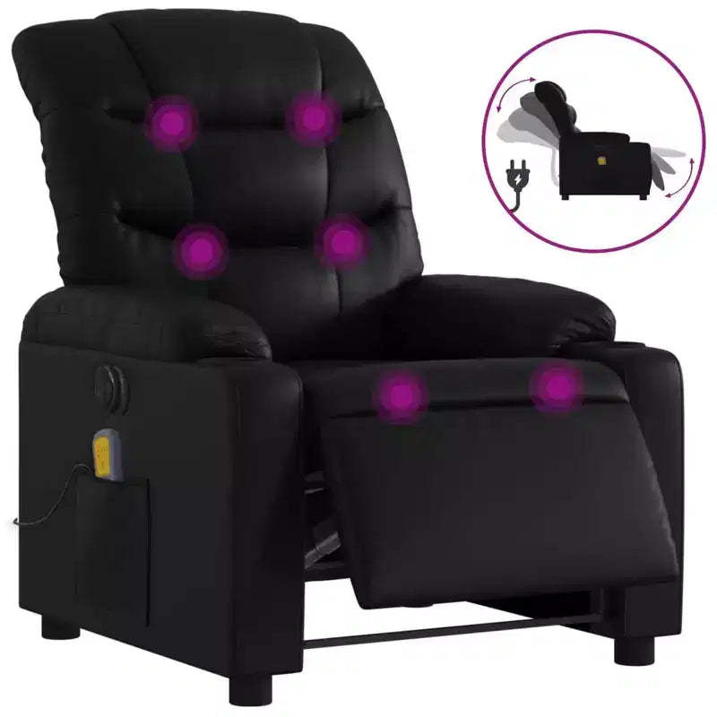vidaXL Black Faux Leather Electric Recliner Chair - Motorized Lounge Seat with Cup Holders, Side Pocket, 6-Point Vibration Massage