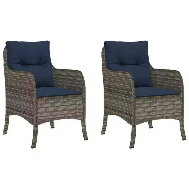vidaXL 2 pcs Gray Poly Rattan Patio Chairs - Navy Blue Cushions, Weather-Resistant, Garden/Outdoor Seating, Washable Covers, 23x26.4x33.9
