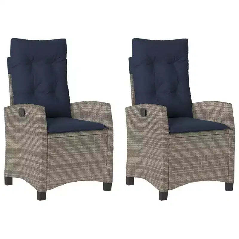 vidaXL Reclining Patio Chairs with Cushions - 2 pcs Set, Gray Poly Rattan, Adjustable Backrest, Weather-Resistant Outdoor Lounge Seating