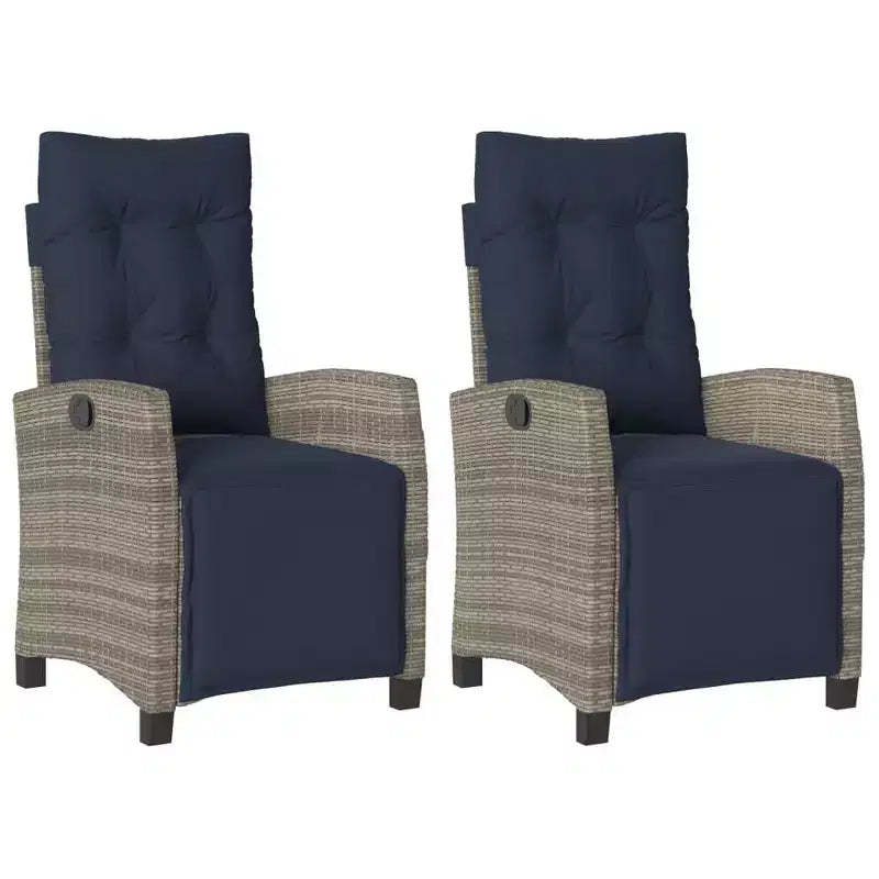vidaXL Reclining Patio Chairs with Footrest - Set of 2, Adjustable Poly Rattan Loungers, Weather-Resistant & UV-Protected, Easy Clean, Navy Cushions