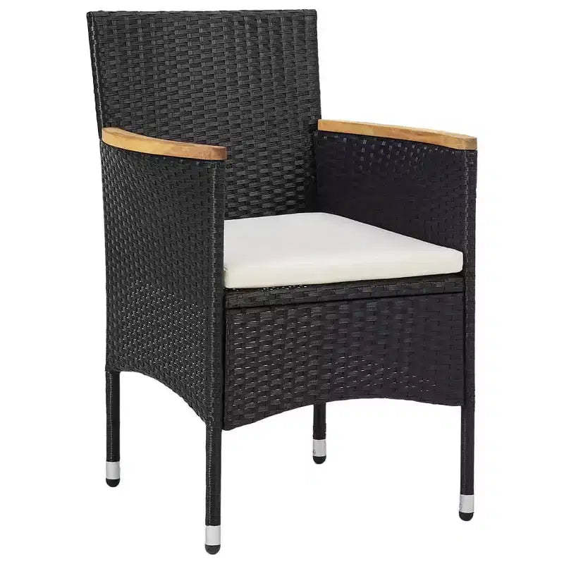 vidaXL 2 pcs Modern Patio Dining Chairs in Durable Black Poly Rattan with Acacia Wood Armrests and Removable, Washable Cushion Covers