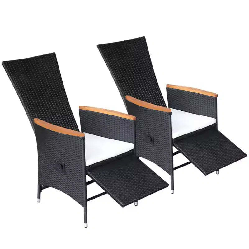vidaXL 2-Piece Reclining Patio Chairs with Cushions - Weather-Resistant Poly Rattan Outdoor Seating in Black with Cream White Cushions