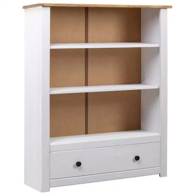 vidaXL Solid Pine Wood Bookcase with 3 Shelves and Spacious Drawer - Farmhouse Style, Rustic White Panama Range