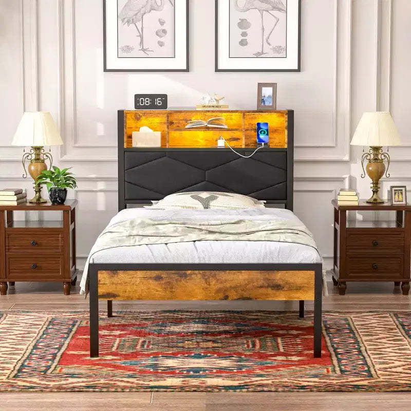 VECELO Upholstered Twin/Full/Queen Size Bed Frame, Metal Frame Platform Bed with Charging Station, Storage Headboard with LED & USB Outlets, Brown