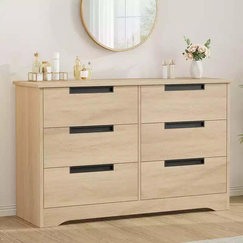 6 Drawer Dresser for Bedroom, Natural Double Dresser Organizer with Embedded Handles Design, Wooden Chest of Drawers for Living Room Nursery Hallway