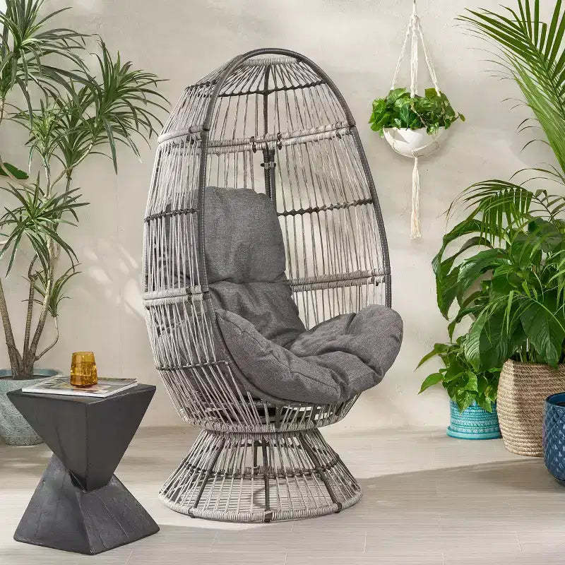 GDFStudio Reeve Outdoor Wicker Swivel Egg Chair with Cushion