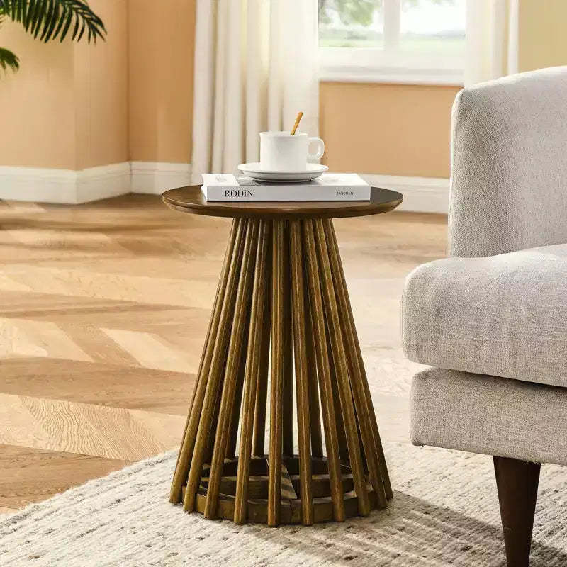 Okak Solid Wood Round Coffee Table, Mid-Century Modern Slatted Design Side Tables for Living Room & Small Spaces