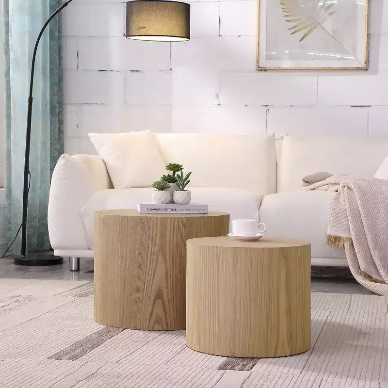 Okak Modern Nesting Coffee Table Set of 2, Cylinder Wood Grain End Side Tables for Living Room Office Balcony Yard