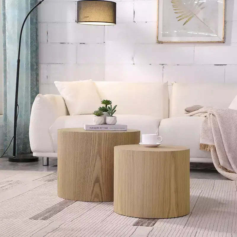 Okak Modern Nesting Coffee Table Set of 2, Cylinder Wood Grain End Side Tables for Living Room Office Balcony Yard