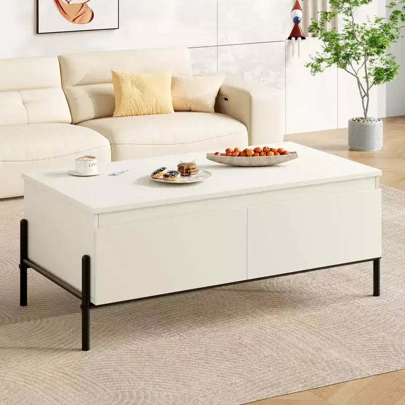 Garvee Coffee Table with 2 Handle-free Drawers White Center Table with Open Storage Shelf