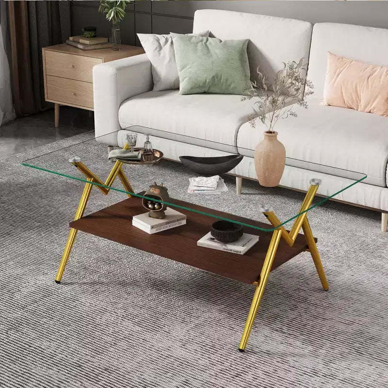 Okak Modern 2-Tier Coffee Table with Tempered Glass Top & Sturdy Metal Legs, Center Accent Table with Open Shelf for Living Room