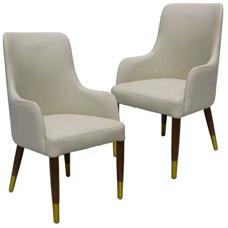LeisureMod Viva Dining Armchair in Leather Upholstery with Gold Accent Wood Legs for Modern Kitchen and Home, Set of 2