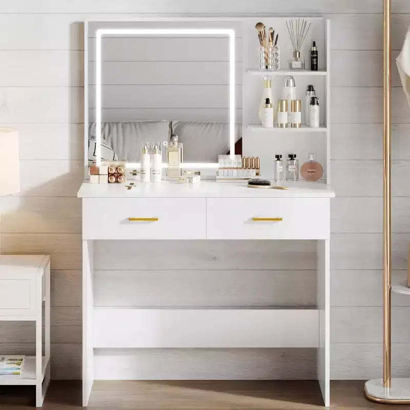 WAYES Vanity Desk with LED Mirror, 3-Foot White Makeup Table for Bedroom, Storage Drawers, and Shelves, White Finish
