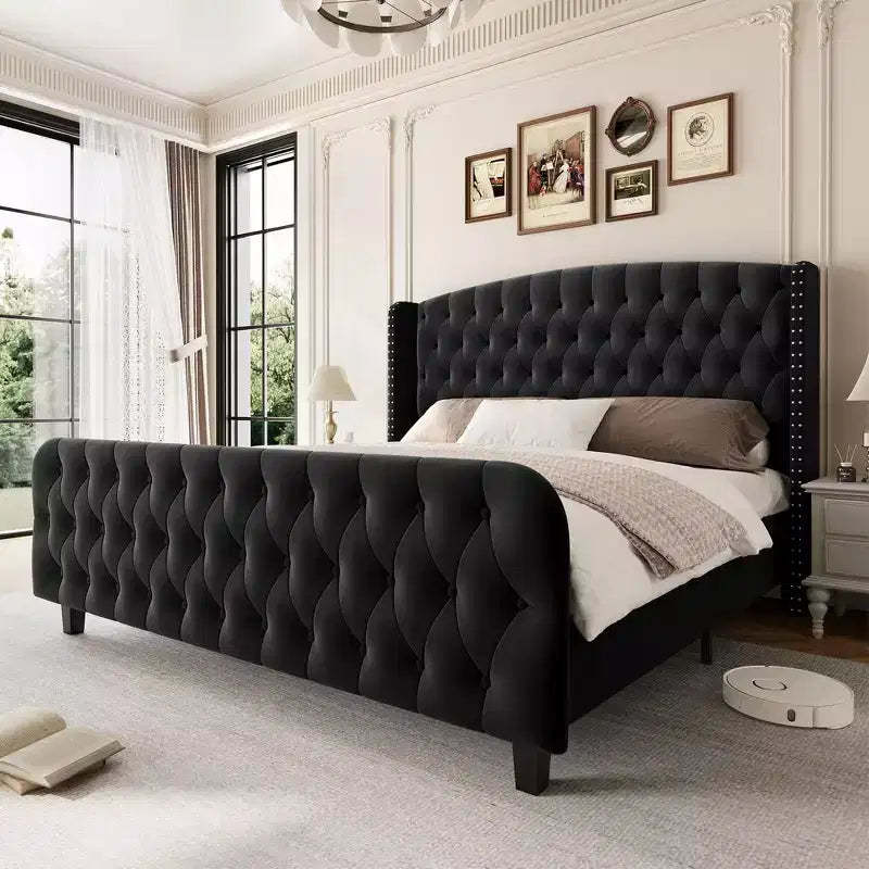 Bed Frame with Deep Button Tufted Wingback Headboard and Footboard, Velvet Upholstered Platform Frame, No Box Spring, Easy Assembly