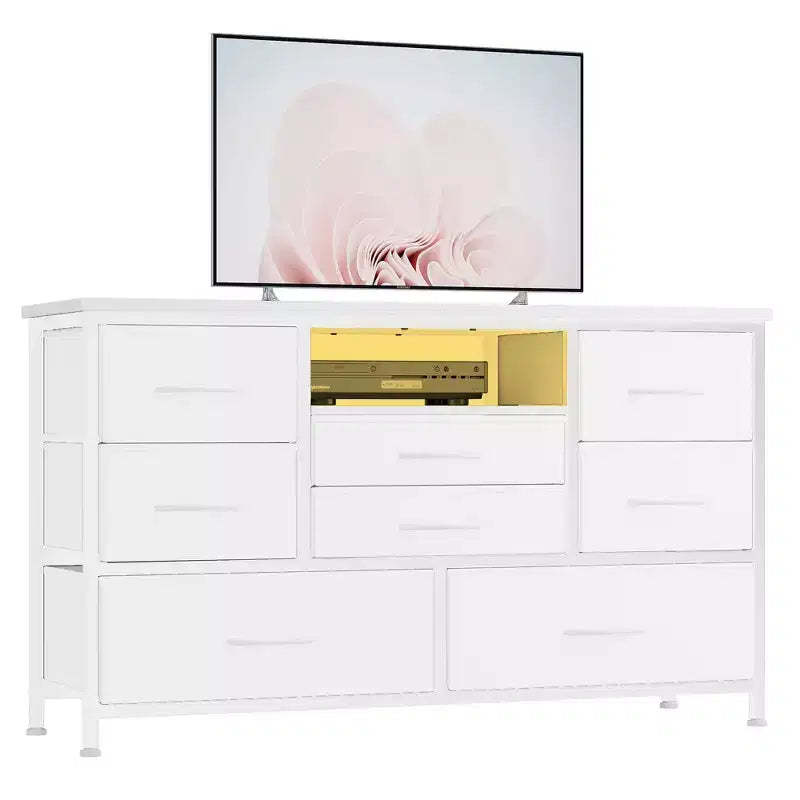 GustoWave 8-Drawer Fabric TV Stand  Sturdy Metal Frame Media Console with Wood Top for Living Room, Entryway, Bedroom, or Guest Room