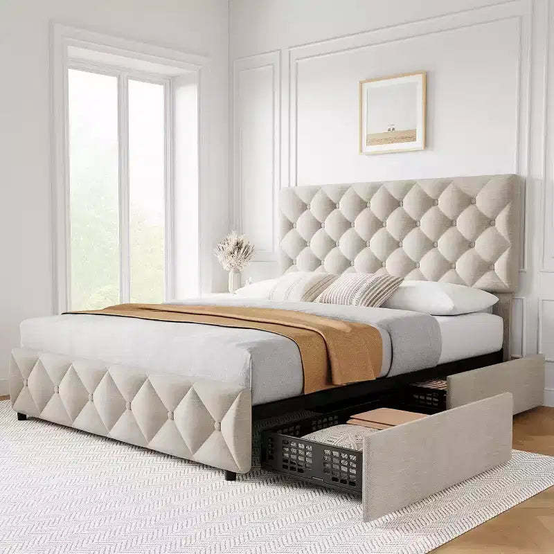 Queen Size Bed Frame, Linen Upholstered Platform Bed, with 4 Storage Drawers and Adjustable Headboard, Modern Bed Frame, Beige