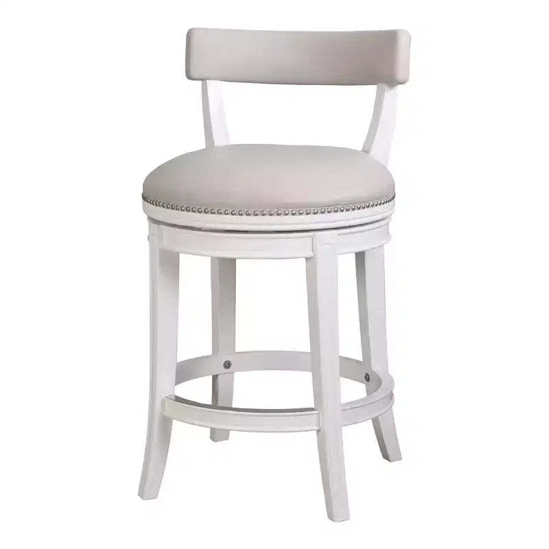 HomeRoots Gray and White Faux Leather and Solid Wood Low Back Counter Height Swivel Bar Chair