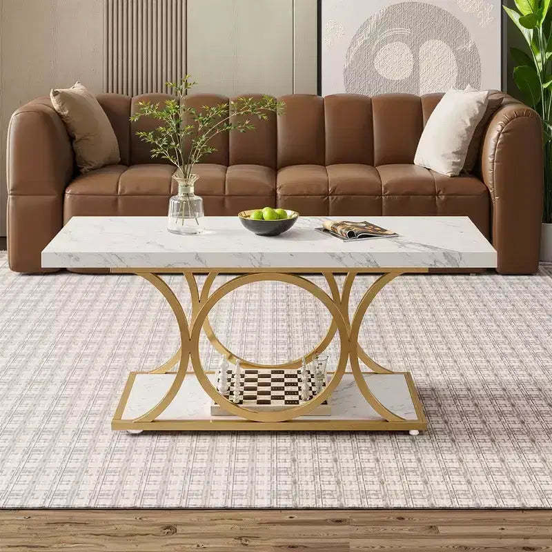 MAYEERTY 2-Tier Modern Coffee Table, White Faux Marble Top & Gold Metal Legs for Living Room