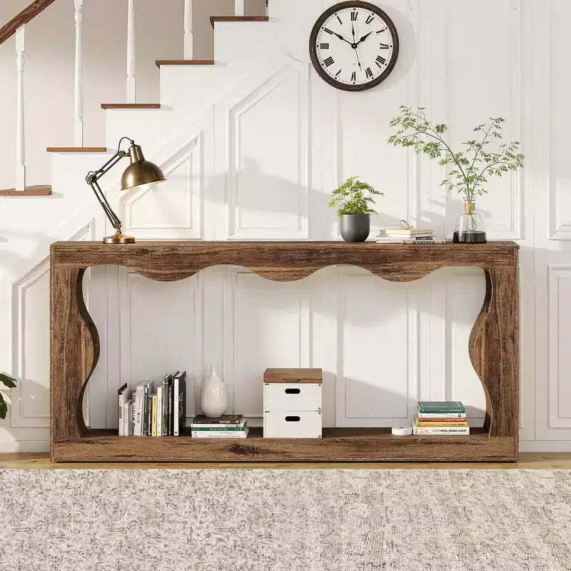MAYEERTY 63 Wavy Scalloped Console Table, Retro Farmhouse 2-Tier Entryway Table for Home