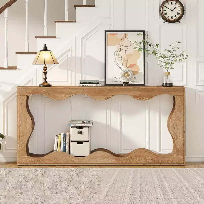 MAYEERTY 63 Wavy Scalloped 2-Tier Console Table, Retro Farmhouse Entryway Table with Natural Wood Grain