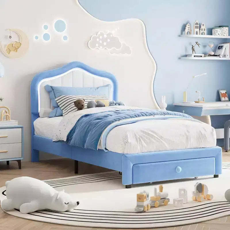 Upholstered Twin Bed Frame with Storage Drawer, Velvet Bed Frame with Headboard for Girls, Boys, No Box Spring Needed, Noise Free, Blue