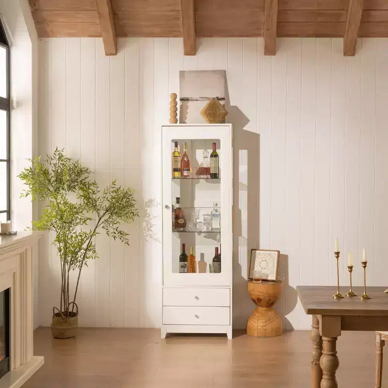 Freestanding Glass Display Cabinet with 2 Drawers, LED light & Adjustable Shelves, Upholstered Pantry Bookshelf Storage Cabinet, White - ModernLuxe