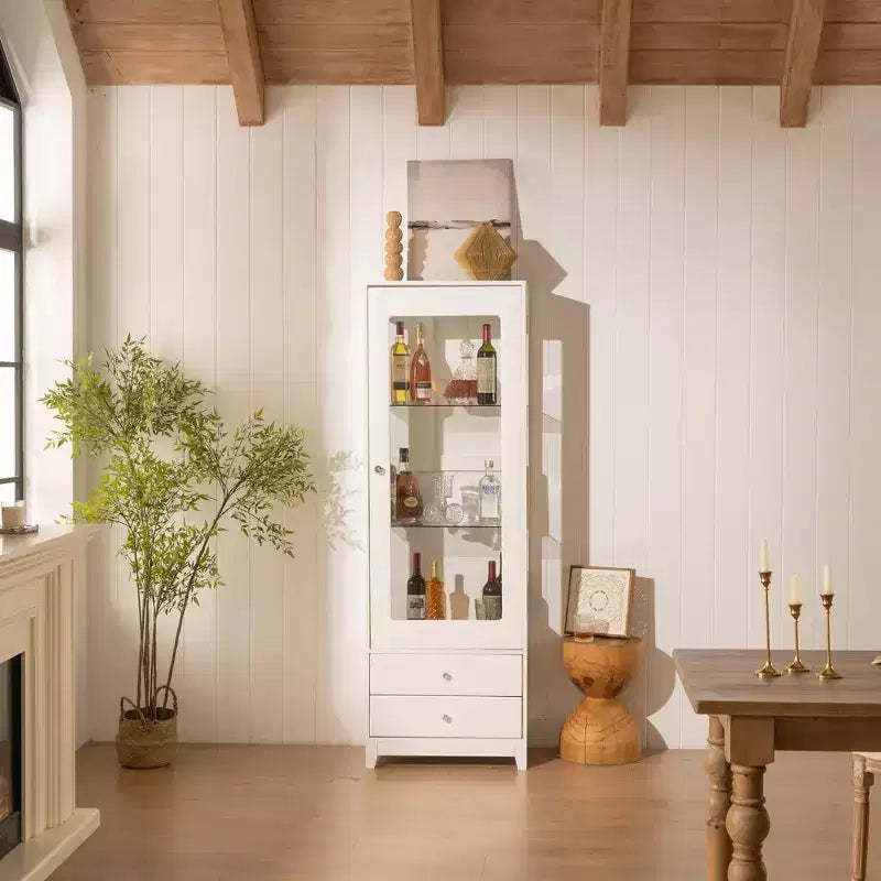 Freestanding Glass Display Cabinet with 2 Drawers, LED light & Adjustable Shelves, Upholstered Pantry Bookshelf Storage Cabinet, White - ModernLuxe