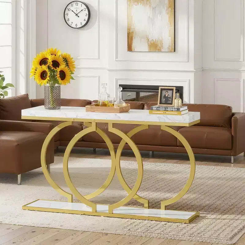 MAYEERTY 55.1 Gold Console Table, Faux Marble Veneer Geometric O-Shaped Base Entryway Table