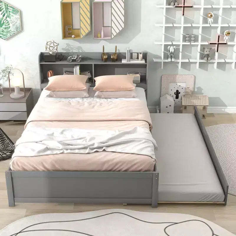 MATEERTY Full Bed with Trundle, Bookcase, Gray