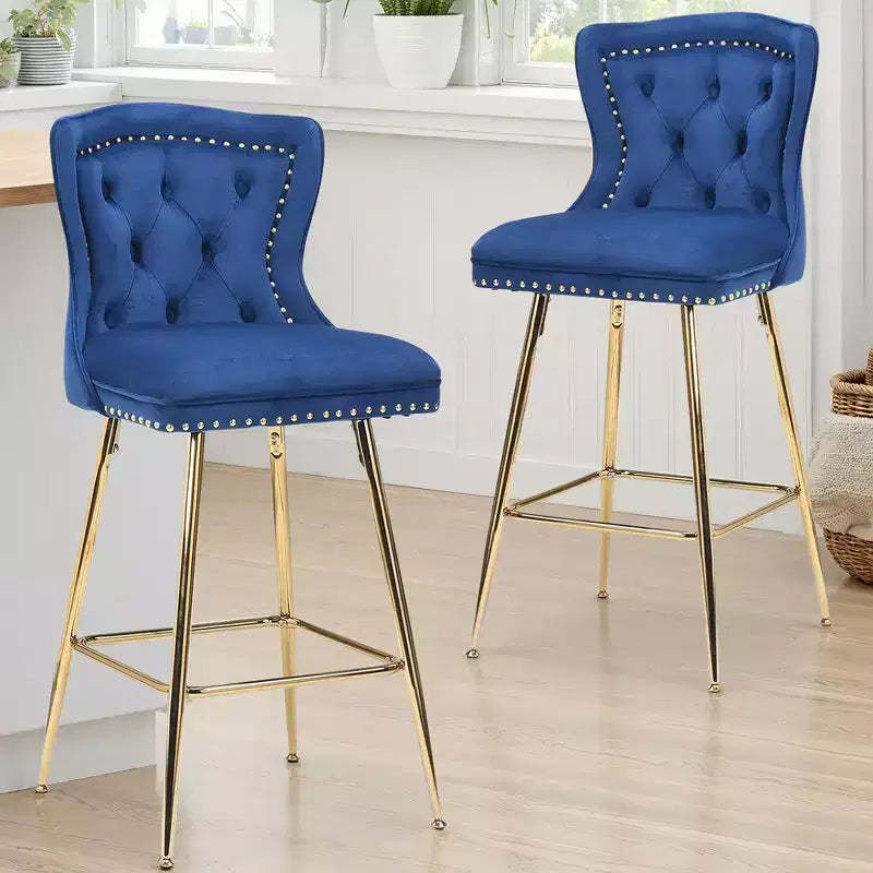 MAYEERTY Blue Velvet Bar Stools Set of 2, Button-Tufted Wing-Back,Metal Legs for Kitchen Island & Pub