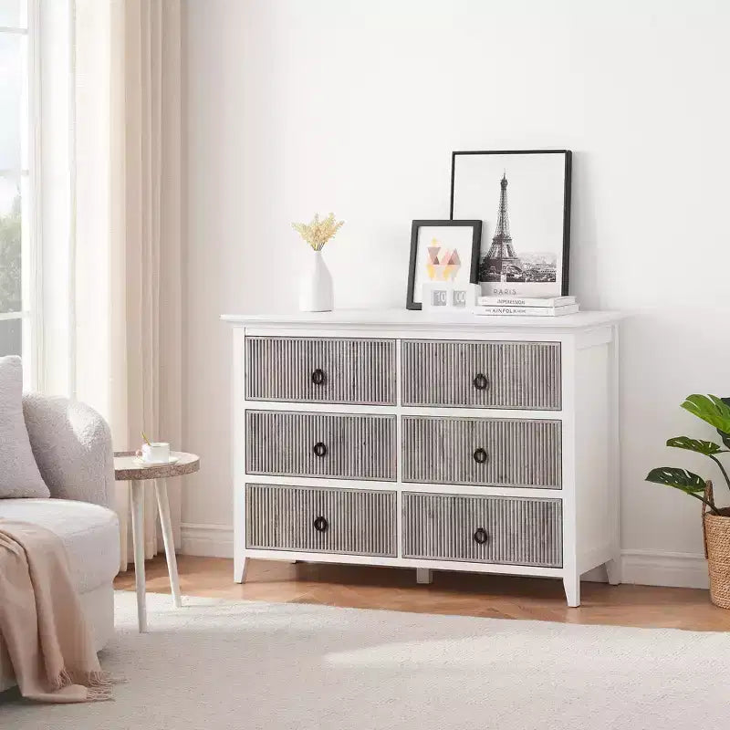 6 Drawer Dresser for Bedroom, Dresser with Wave Fluted Design, Spacious Wooden Storage Chest, Suitable for Bedroom, Living Room, Hallway