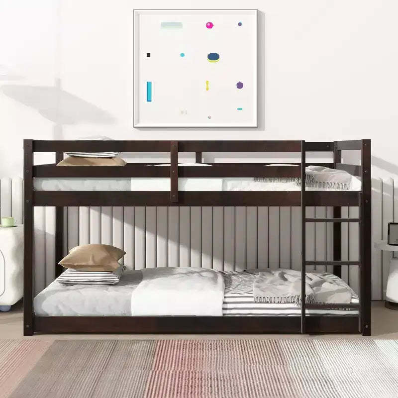 MATEERTY Solid Wooden, Twin Floor Bunk Bed wit Ladder, Upper and Bottom Bed Platforms Crafted with Stregthened Slats Brown