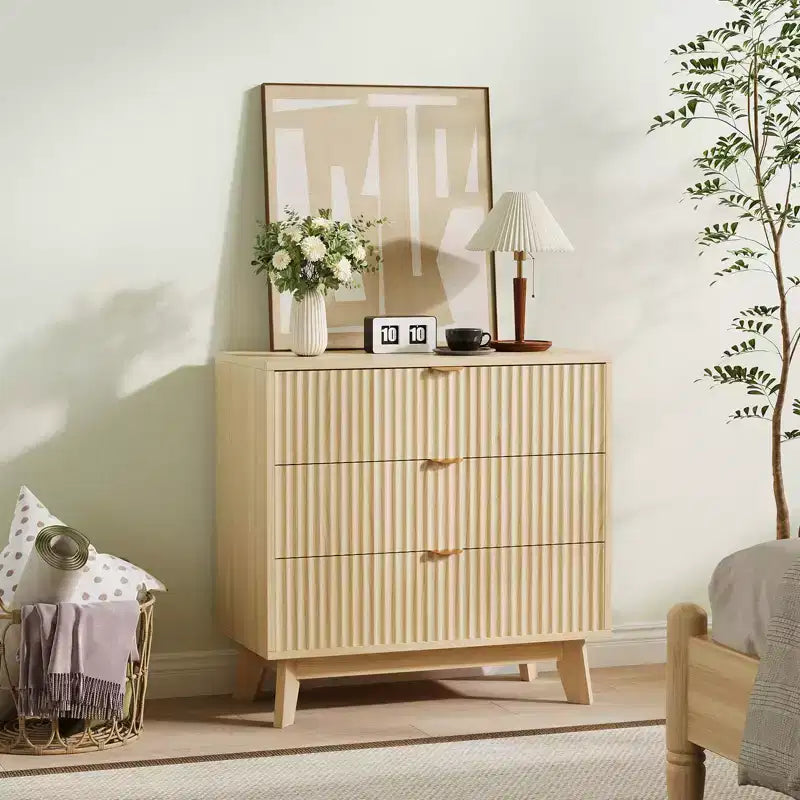Fluted Dresser with 3 Drawer, Modern Dresser for Bedroom Wooden with Metal Handle