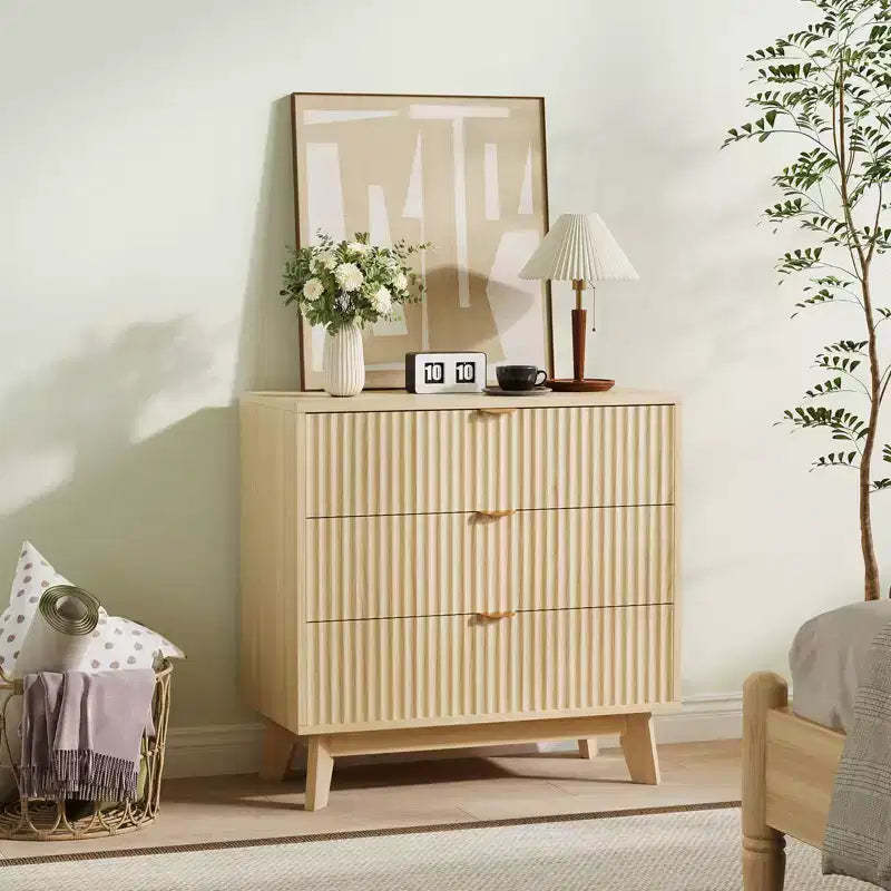 Fluted Dresser with 3 Drawer, Modern Dresser for Bedroom Wooden with Metal Handle