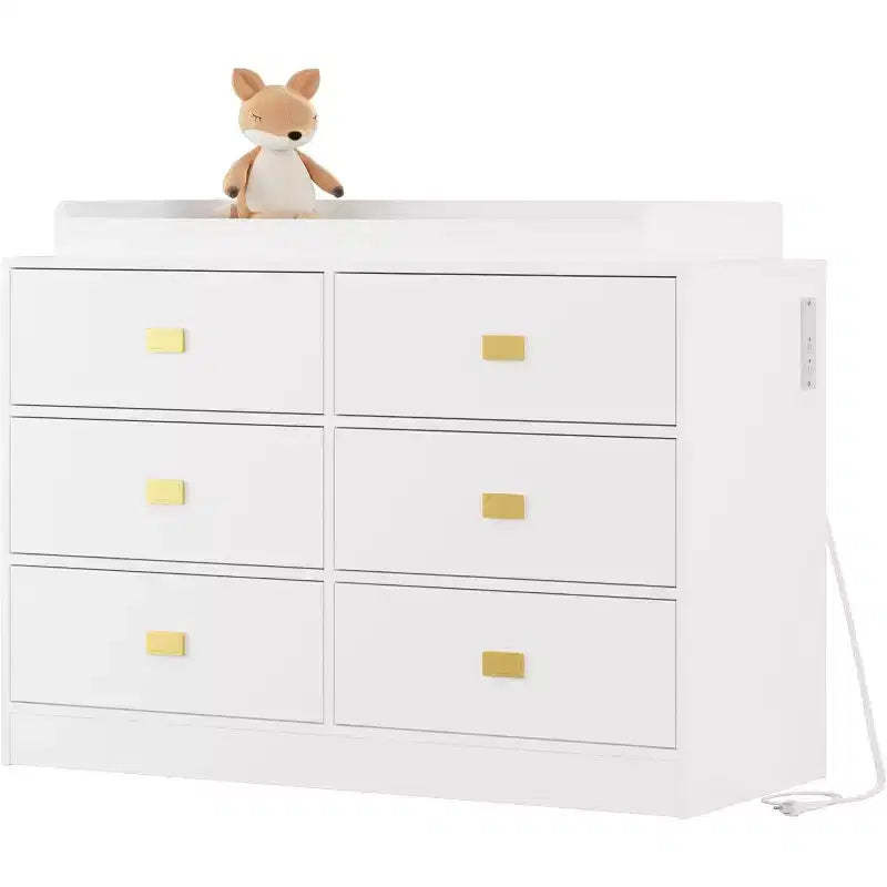 Dresser for Bedroom with 6 Drawers, Changing Table Dresser, Soft Pad & Removable Top, Baby Dressers with Changing Table Top for Nursery, White