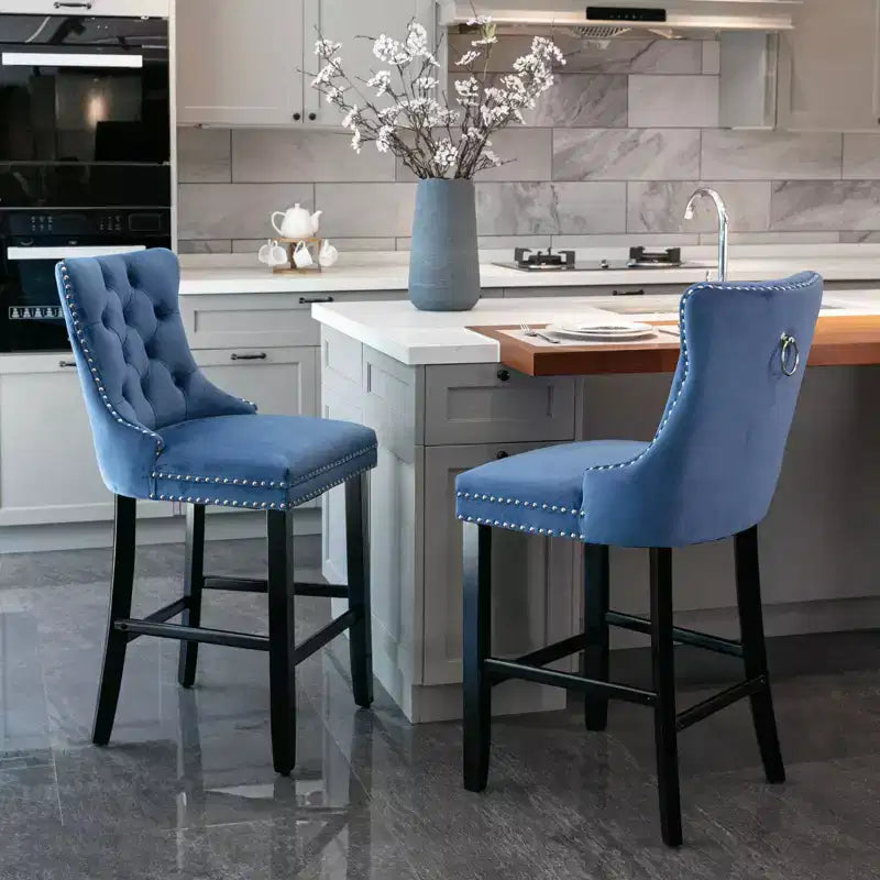 Okak Contemporary Velvet Bar Stools Set of 2 with Button Tufting & Chrome Nailhead Trim, Upholstered Stools Wood Legs for Kitchen Island