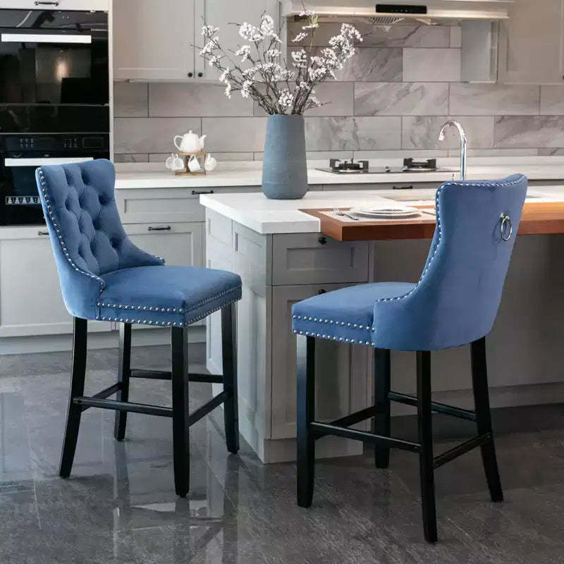 Okak Contemporary Velvet Bar Stools Set of 2 with Button Tufting & Chrome Nailhead Trim, Upholstered Stools Wood Legs for Kitchen Island