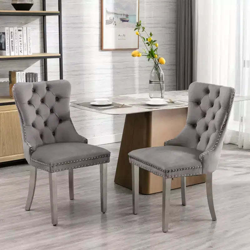 Okak Modern Comfy Dining Chairs Set of 2, Tufted Velvet Upholstery Kitchen Chairs with Chrome Stainless Metal Legs & Nailhead Trim
