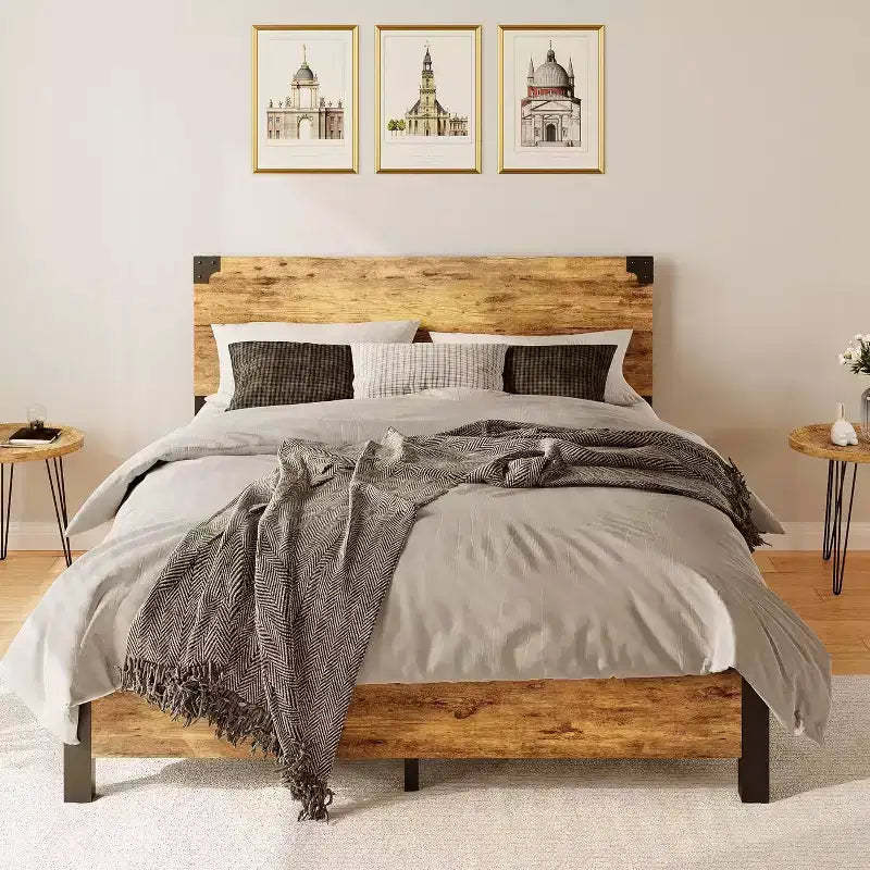 Full Size Platform Bed Frame with Headboard, 4 Storage Drawers, Noise-Free, Metal Support, No Box Spring Needed, Rustic Brown