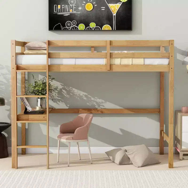 MAYEERTY Twin High Loft Bed with Safety Guardrail, Bulit-in Desk, Ladder Beige