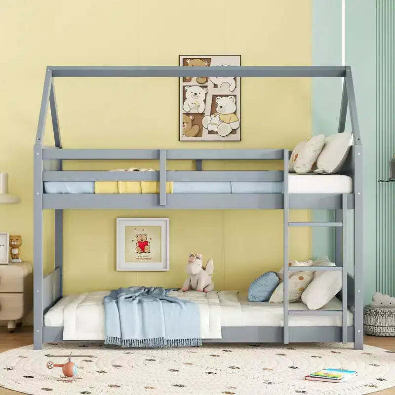 MAYEERTY Twin Rubber Wood Floor BUnk Bed with Ladder, Guardrails, House Shaped Bunk Bed Blue