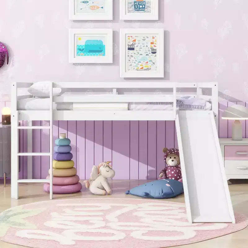 MAYEERTY Twin Low Loft Bed with Slide, Ladder, Safety Guardrails White