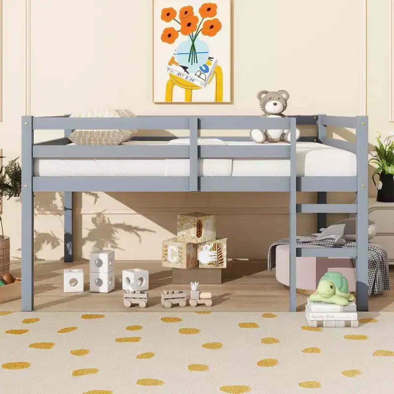MAYEERTY Rubber Woood Loft Bed with Safety Ladder Gray