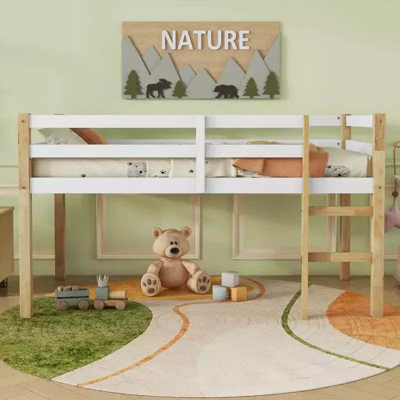 MAYEERTY Rubber Woood Loft Bed with Safety Ladder Multicolored