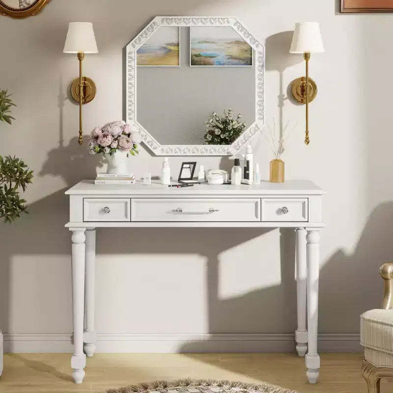 GDFStudio Temani Retro 3-Drawer Makeup Desk with Large Octagonal Mirror and Jewelry Storage
